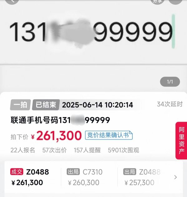 快牛盘 尾号99999手机号拍出26.13万元，溢价率超160%